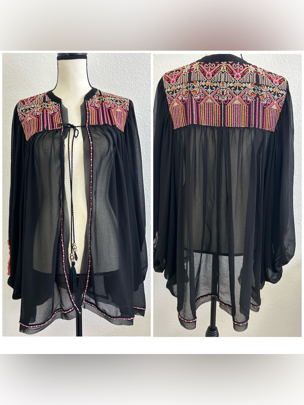 LOVESTITCH S/M Black Embroidered Chiffon Kimono PEASANT SLEEVE